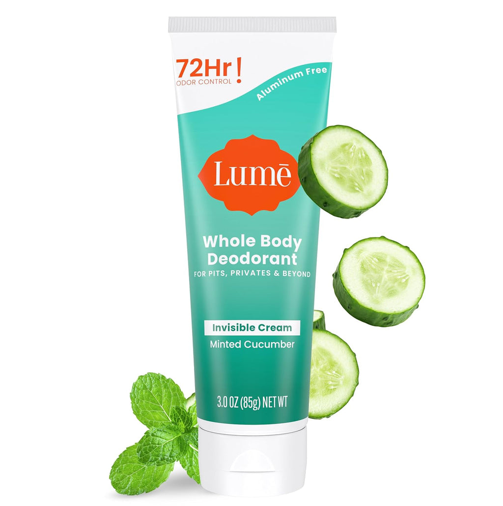 Lume Whole Body Deodorant - Invisible Cream Tube - 72 Hour Odor Control - Aluminum Free. Baking Soda Free. Skin Safe - 3.0 ounce (Minted Cucumber)