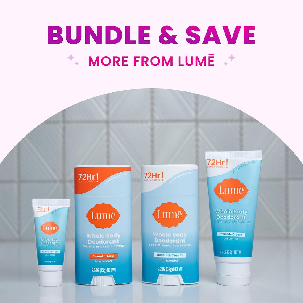 Lume Whole Body Deodorant - Smooth Solid Stick - 72 Hour Odor Control - Aluminum Free. Baking Soda Free and Skin Safe - 2.6 Ounce (Pack of 2) (Unscented)