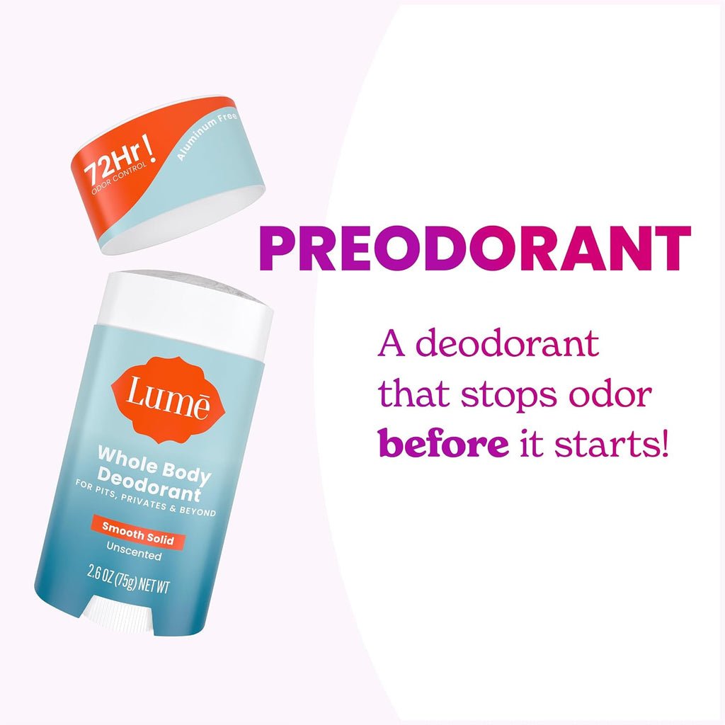 Lume Whole Body Deodorant - Smooth Solid Stick - 72 Hour Odor Control - Aluminum Free. Baking Soda Free and Skin Safe - 2.6 Ounce (Pack of 2) (Unscented)