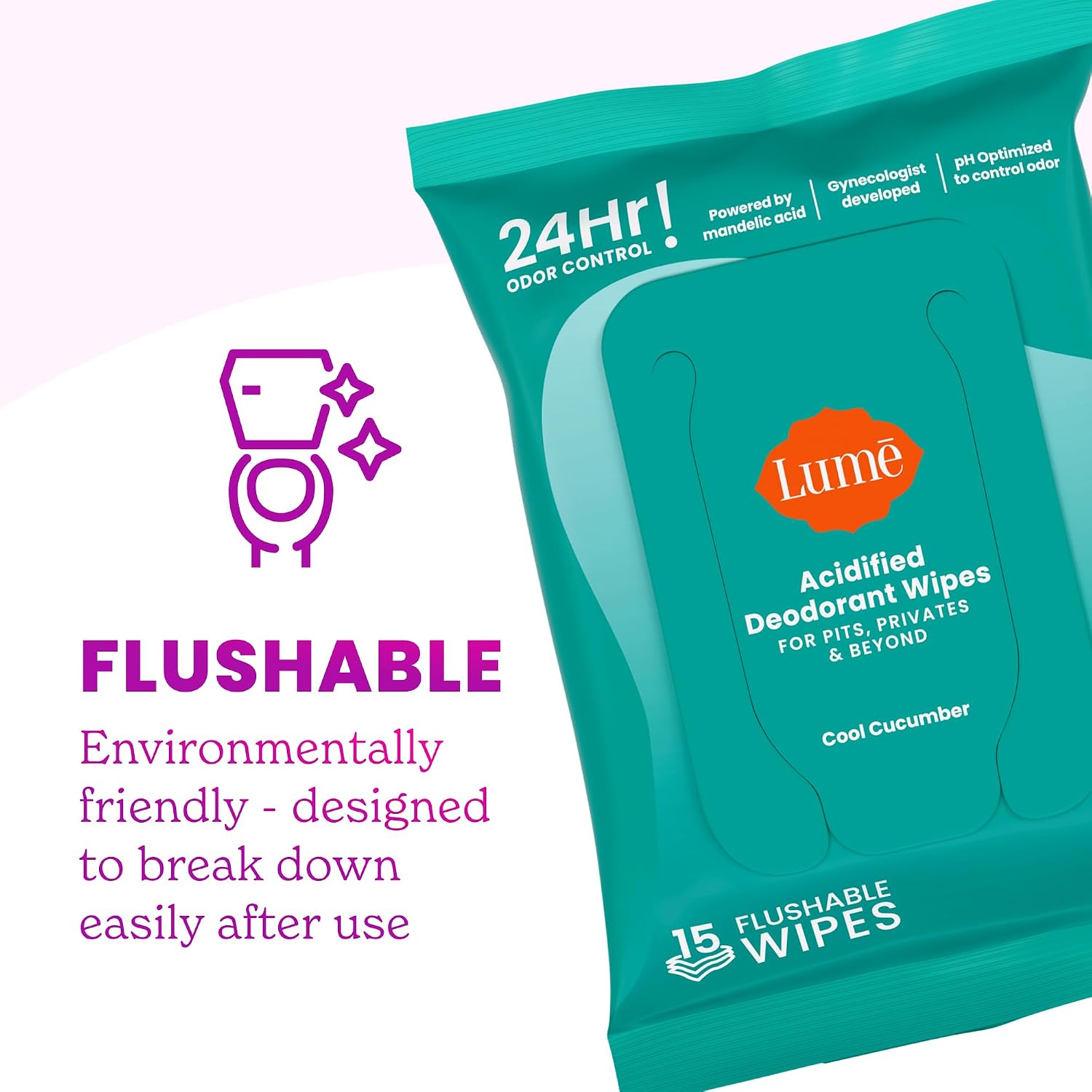 Lume Acidified Deodorant Wipes - 24 Hour Odor Control - Aluminum Free. Baking Soda Free. Skin Loving - 15 Count (Pack of 3) (Cool Cucumber)