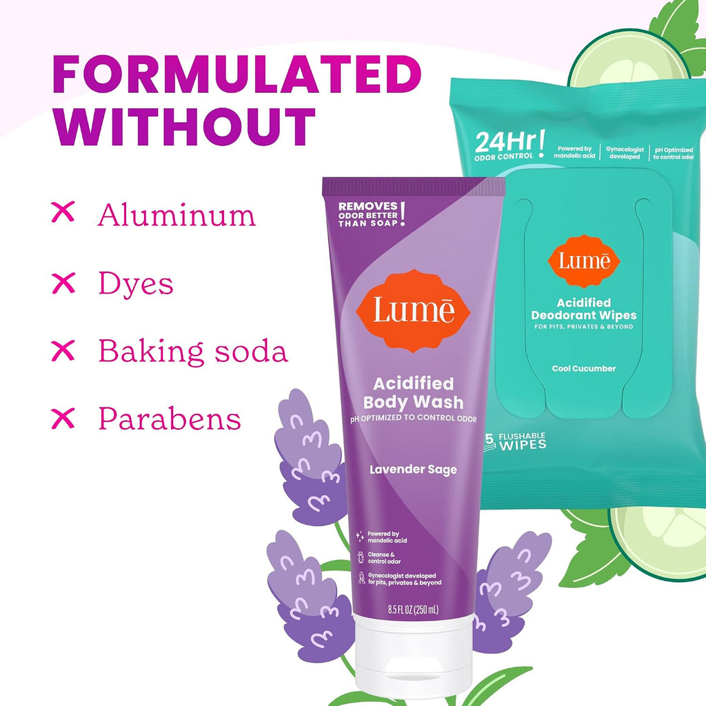 Lume Acidified Body Wash & Flushable Deodorant Wipes - 24 Hour Odor Control