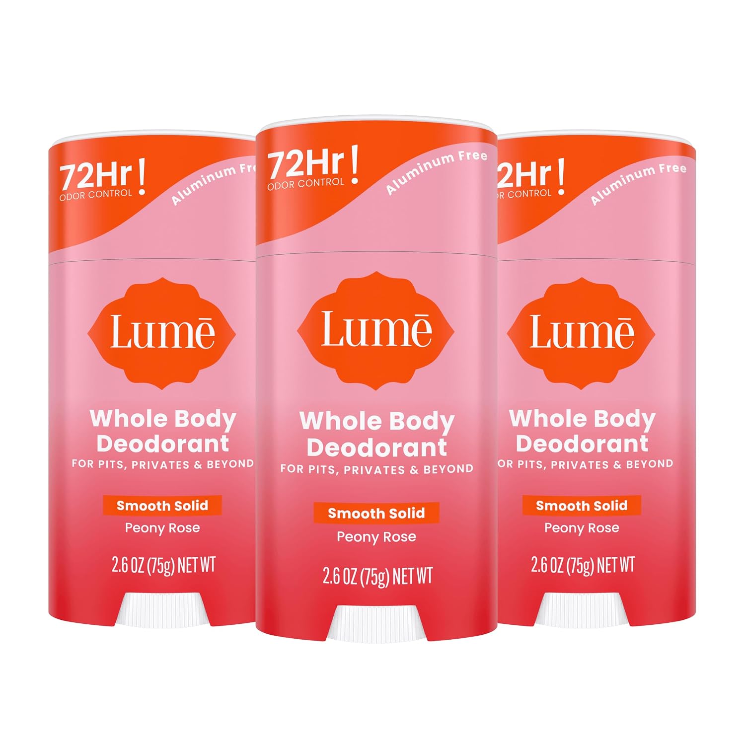 Lume Whole Body Deodorant - Smooth Solid Stick - 72 Hour Odor Control - Aluminum Free. Baking Soda Free and Skin Loving - 2.6 Ounce (Pack of 3) (Peony Rose)