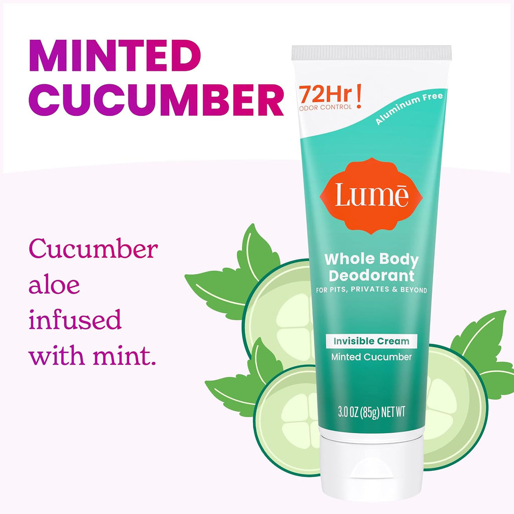 Lume Whole Body Deodorant - Invisible Cream Tube - 72 Hour Odor Control - Aluminum Free. Baking Soda Free. Skin Safe - 3.0 ounce (Minted Cucumber)