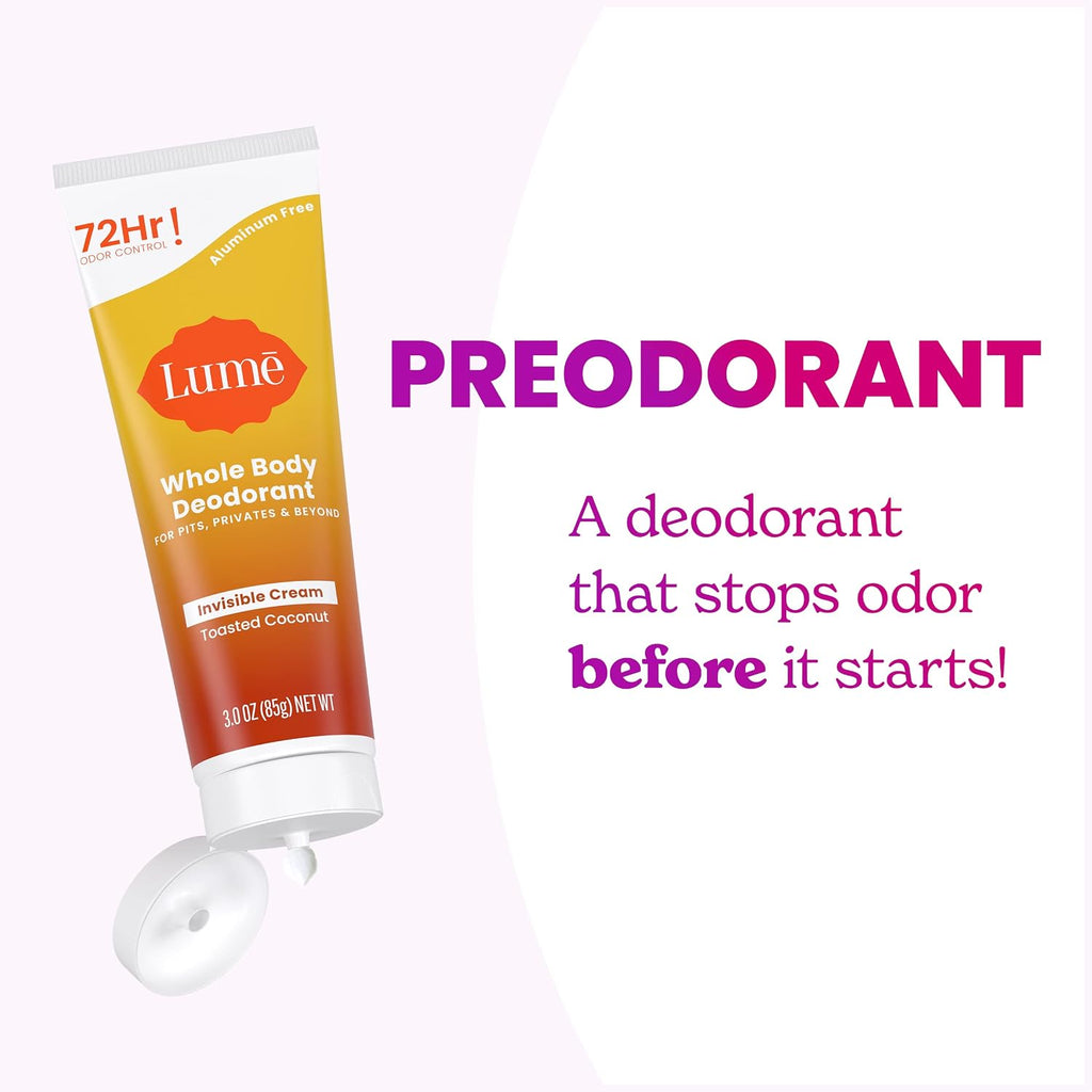 Lume Whole Body Deodorant - Invisible Cream Tube - 72 Hour Odor Control - Aluminum Free. Baking Soda Free. Skin Safe - 3.0 ounce (Toasted Coconut)