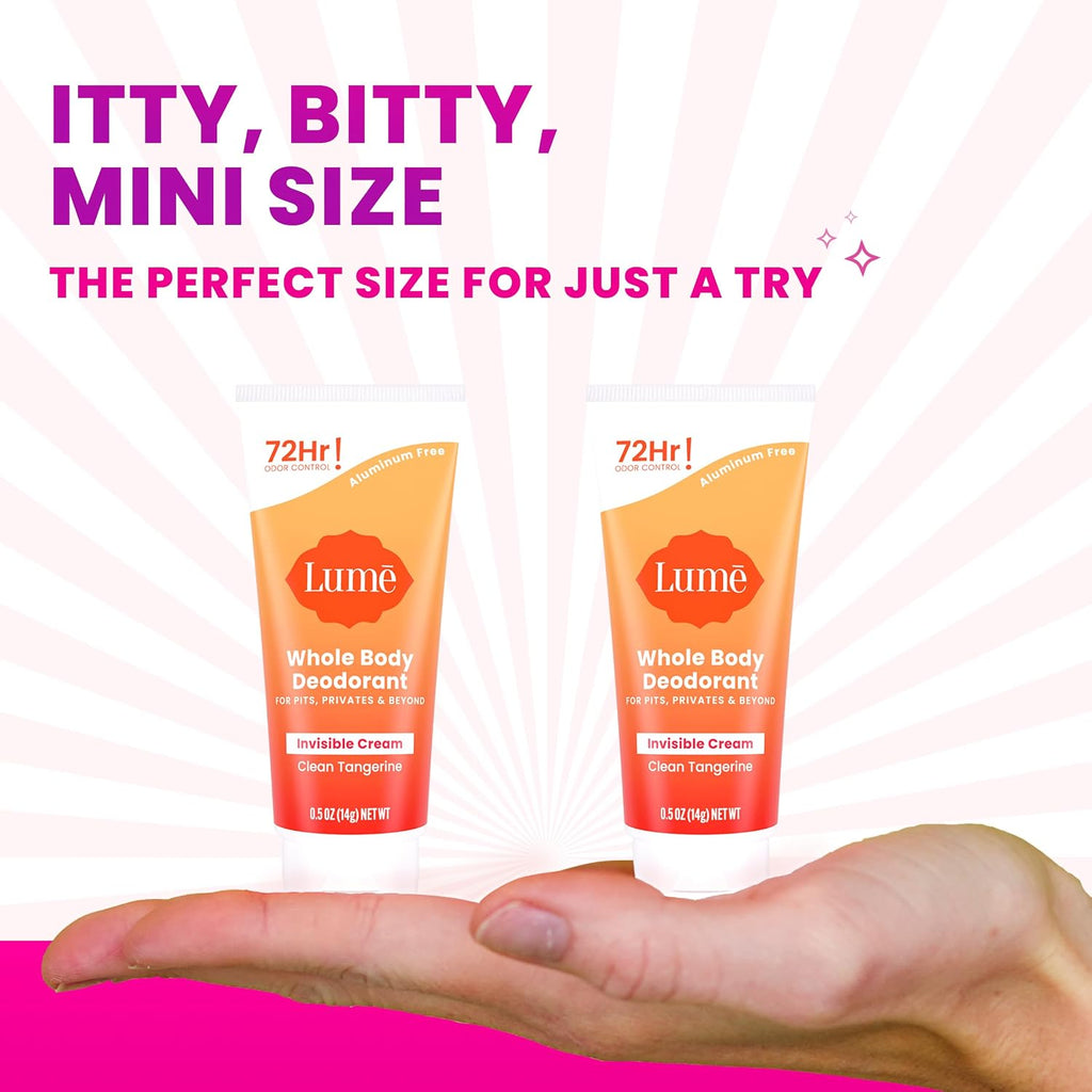 Lume Whole Body Deodorant - Mini Travel Size Invisible Cream Tube - Trial Size - 72 Hour Odor Control - Doctor Developed - Aluminum Free. Baking Soda Free - .5oz (Pack of 2) (Clean Tangerine)