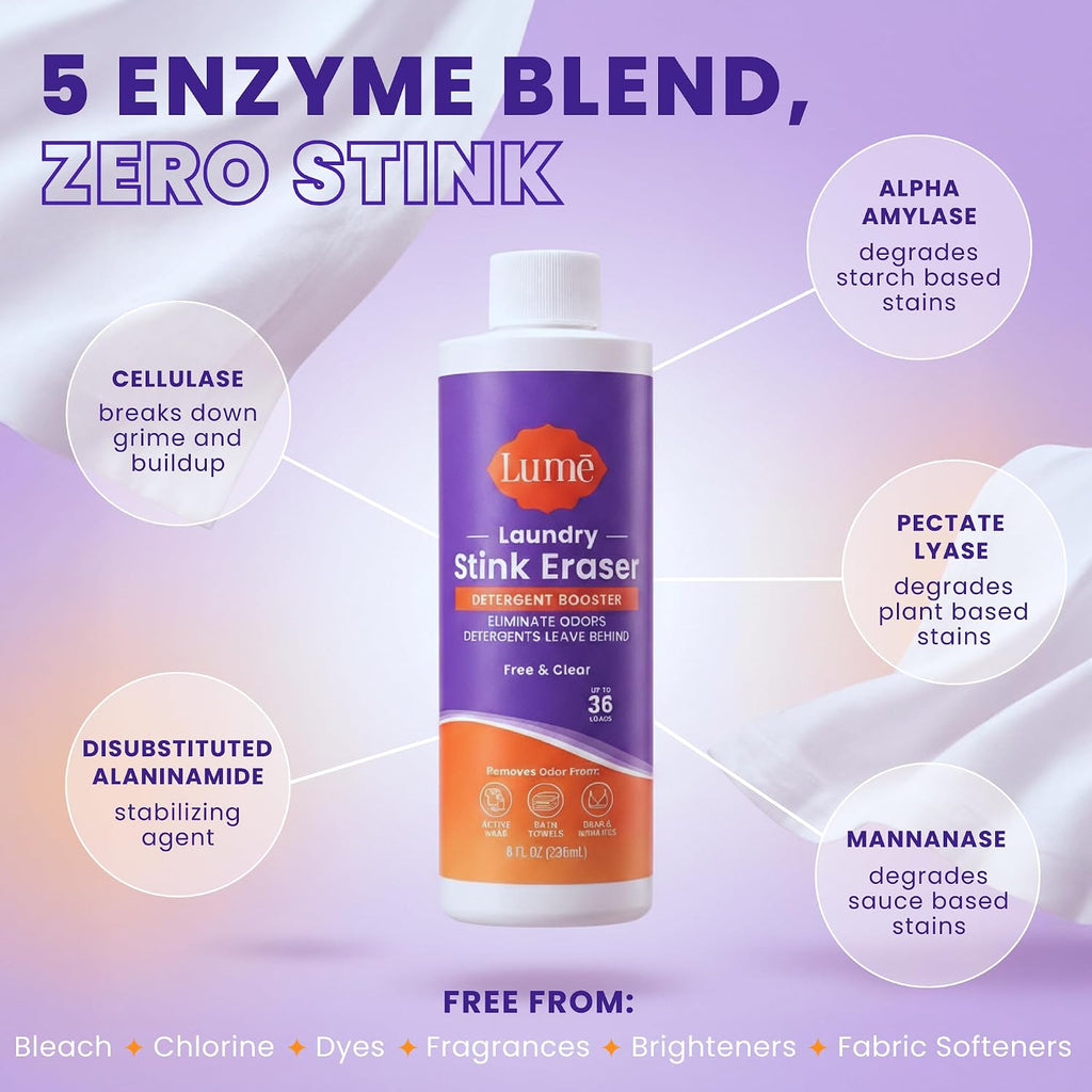 Lume Clothing Odor & Stain Remover – Laundry Booster & Soak – Removes Body Odor from Clothes – Powerful Odor-Eliminating Enzyme Formula Boosts Detergent Performance – Fragrance-Free & Dye-Free – 8 fl oz (Pack of 2)