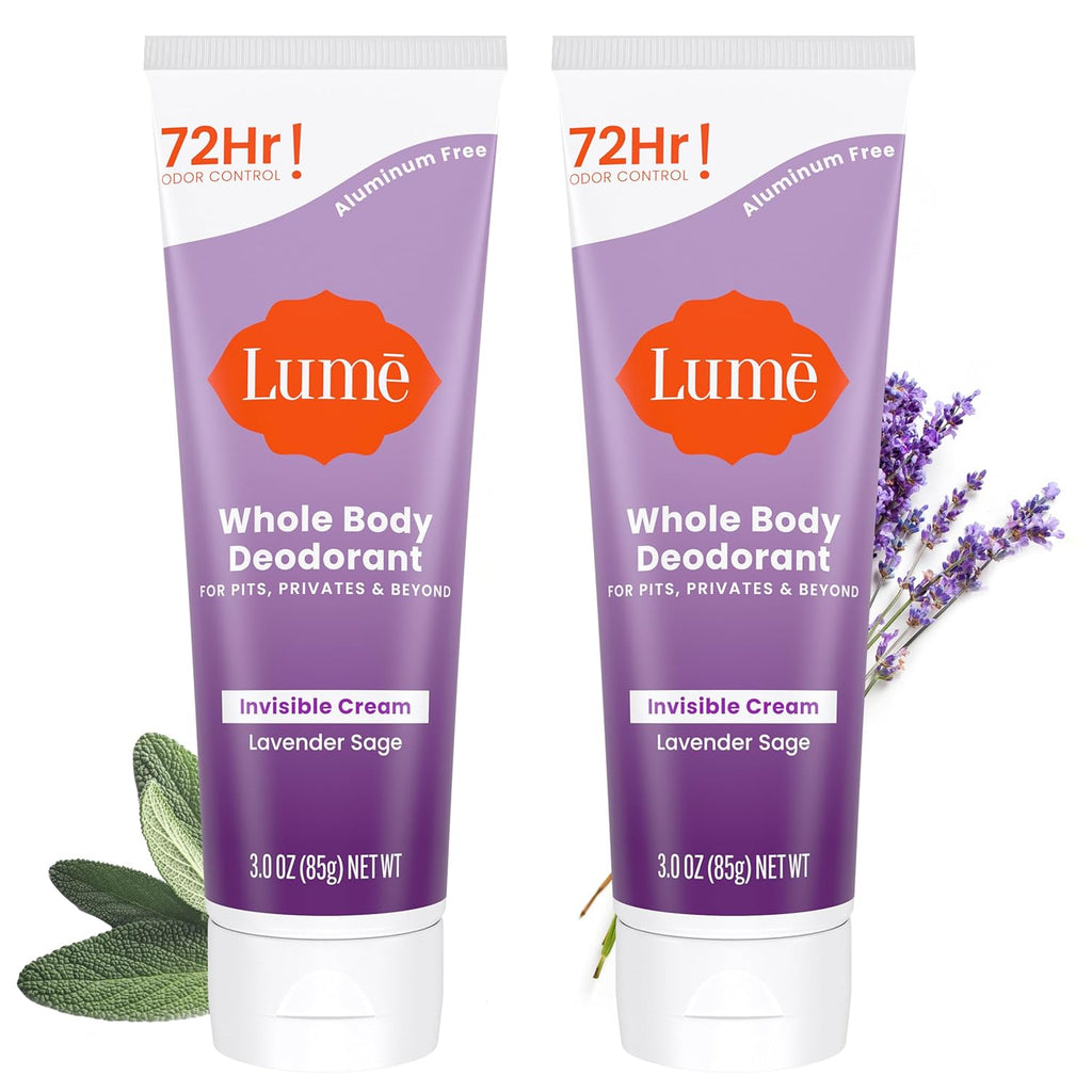 Lume Whole Body Deodorant - Invisible Cream Tube - 72 Hour Odor Control - Aluminum Free. Baking Soda Free. Skin Safe - 3.0 ounce (Pack of 2) (Lavender Sage)