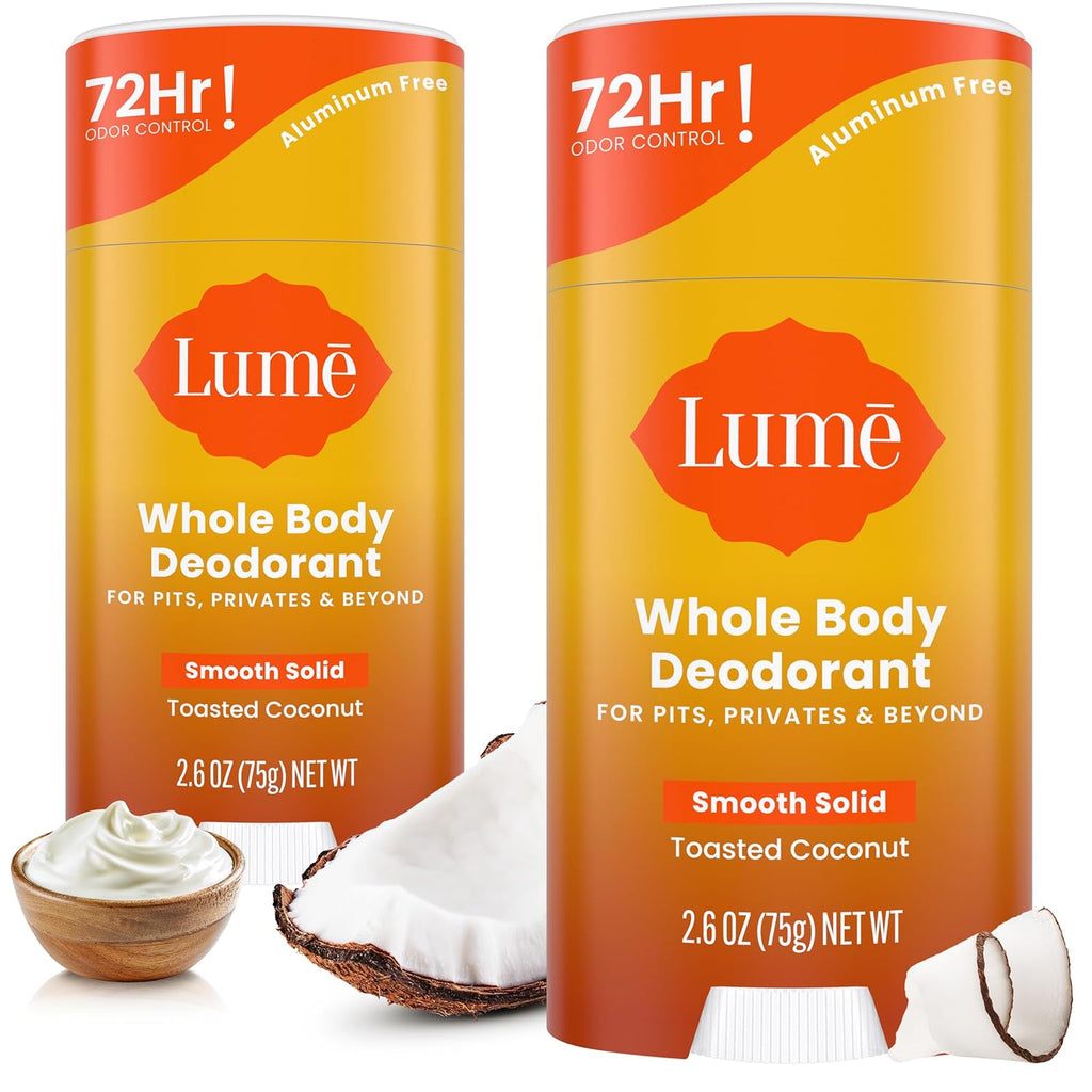 Lume Whole Body Deodorant - Smooth Solid Stick - 72 Hour Odor Control - Aluminum Free. Baking Soda Free and Skin Safe - 2.6 Ounce (Pack of 2) (Toasted Coconut)