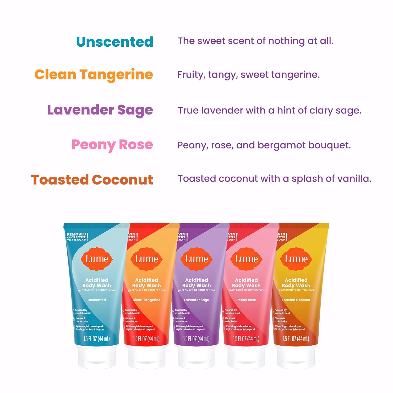 Lume Acidified Body Wash 5 Pack Minis - 24 Hour Odor Control - 1.5 ounce Tubes (Clean Tangerine. Lavender Sage. Peony Rose. Toasted Coconut. Unscented)