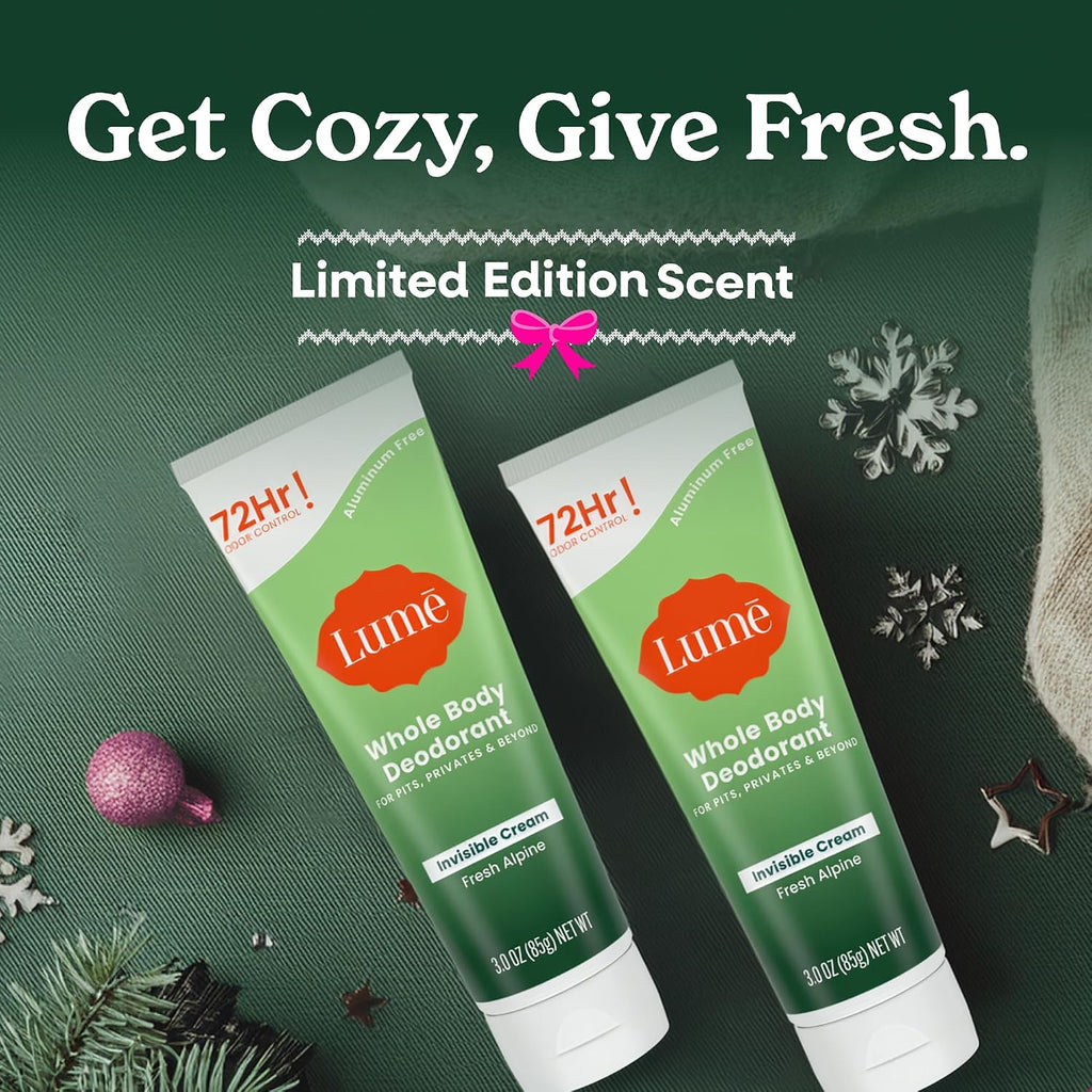 Lume Whole Body Deodorant - Invisible Cream Tube - 72 Hour Odor Control - Doctor Developed - Aluminum Free. Baking Soda Free and Skin Loving - 3.0 Ounce. (Pack of 2) (Fresh Alpine)