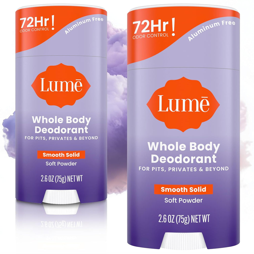 Lume Whole Body Deodorant - Smooth Solid Stick - 72 Hour Odor Control - Aluminum Free. Baking Soda Free and Skin Safe - 2.6 Ounce (Pack of 2) (Soft Powder)