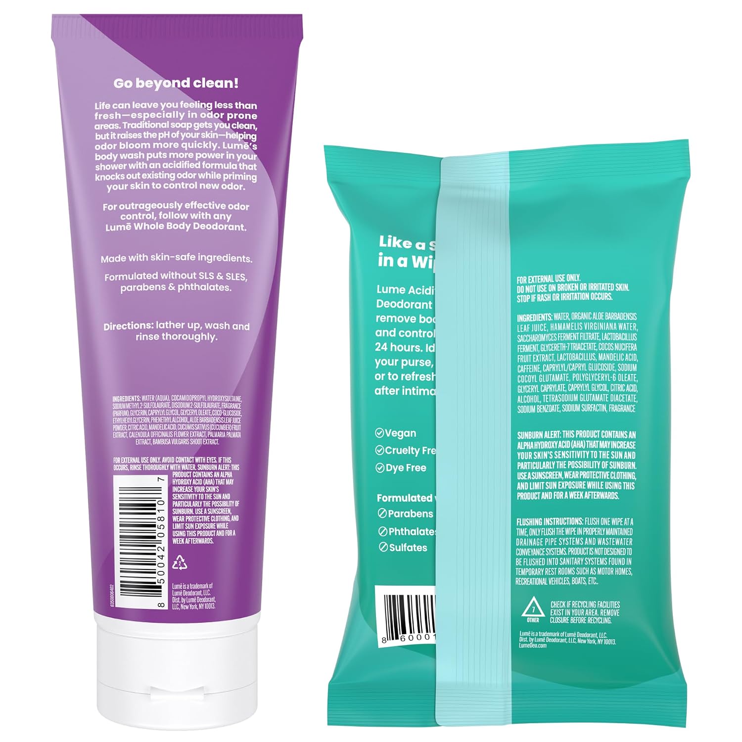 Lume Acidified Body Wash & Flushable Deodorant Wipes - 24 Hour Odor Control