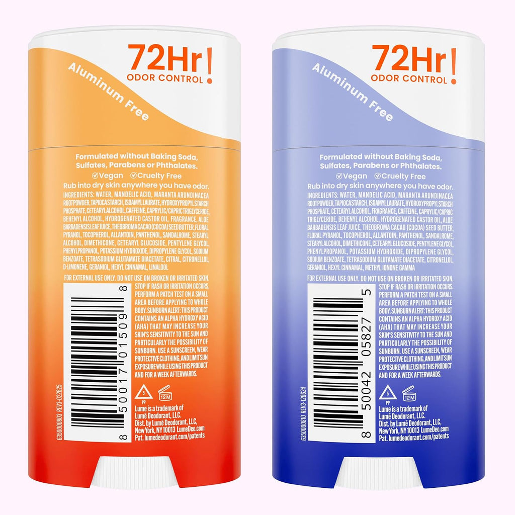 Lume Whole Body Deodorant - Invisible Cream Stick - 72 Hour Odor Control - Doctor Developed - Aluminum Free. Baking Soda Free and Skin Loving - 2.2 Ounce (2 pack) (Soft Powder & Clean Tangerine)