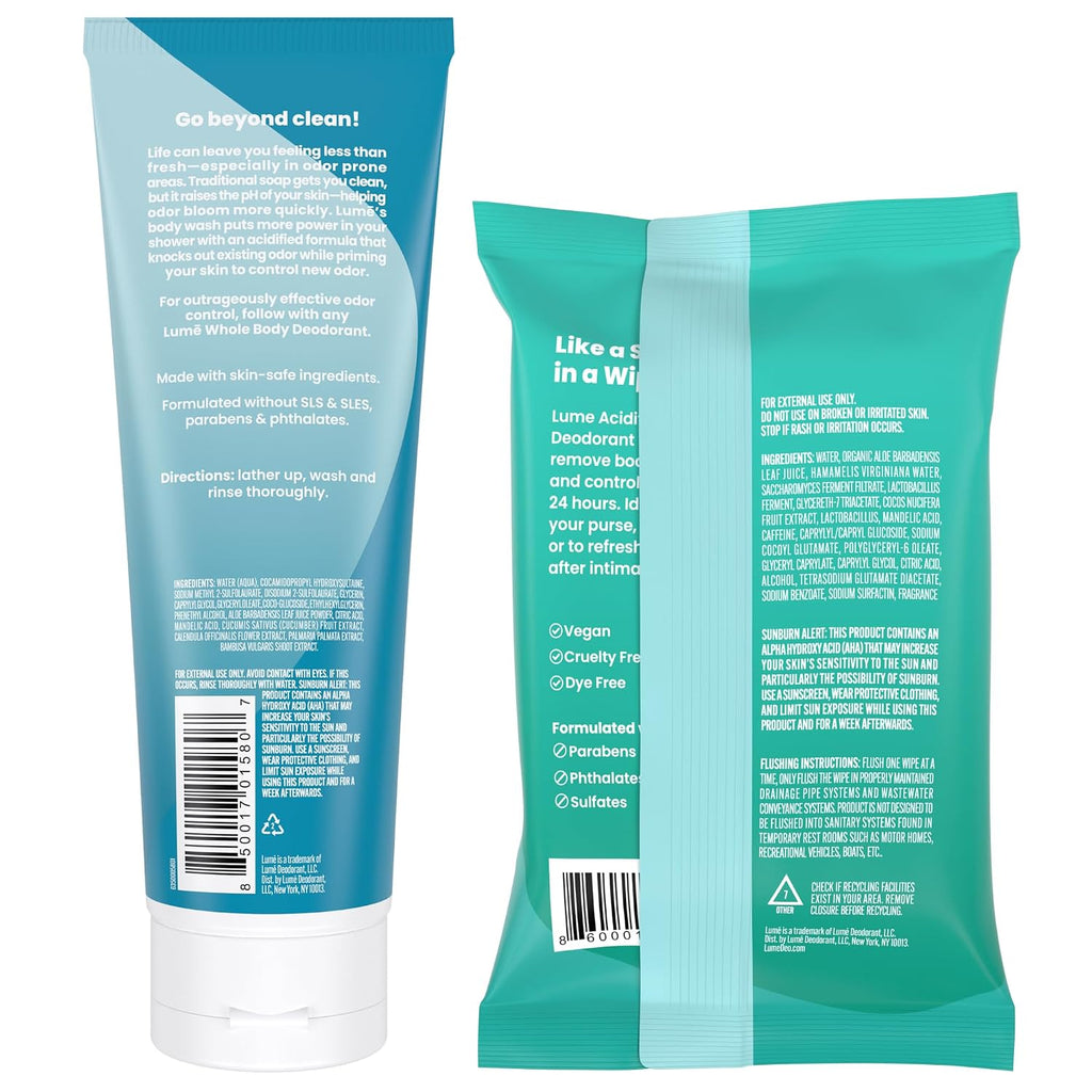 Lume Acidified Body Wash & Flushable Deodorant Wipes - 24 Hour Odor Control - Hydrating Wash