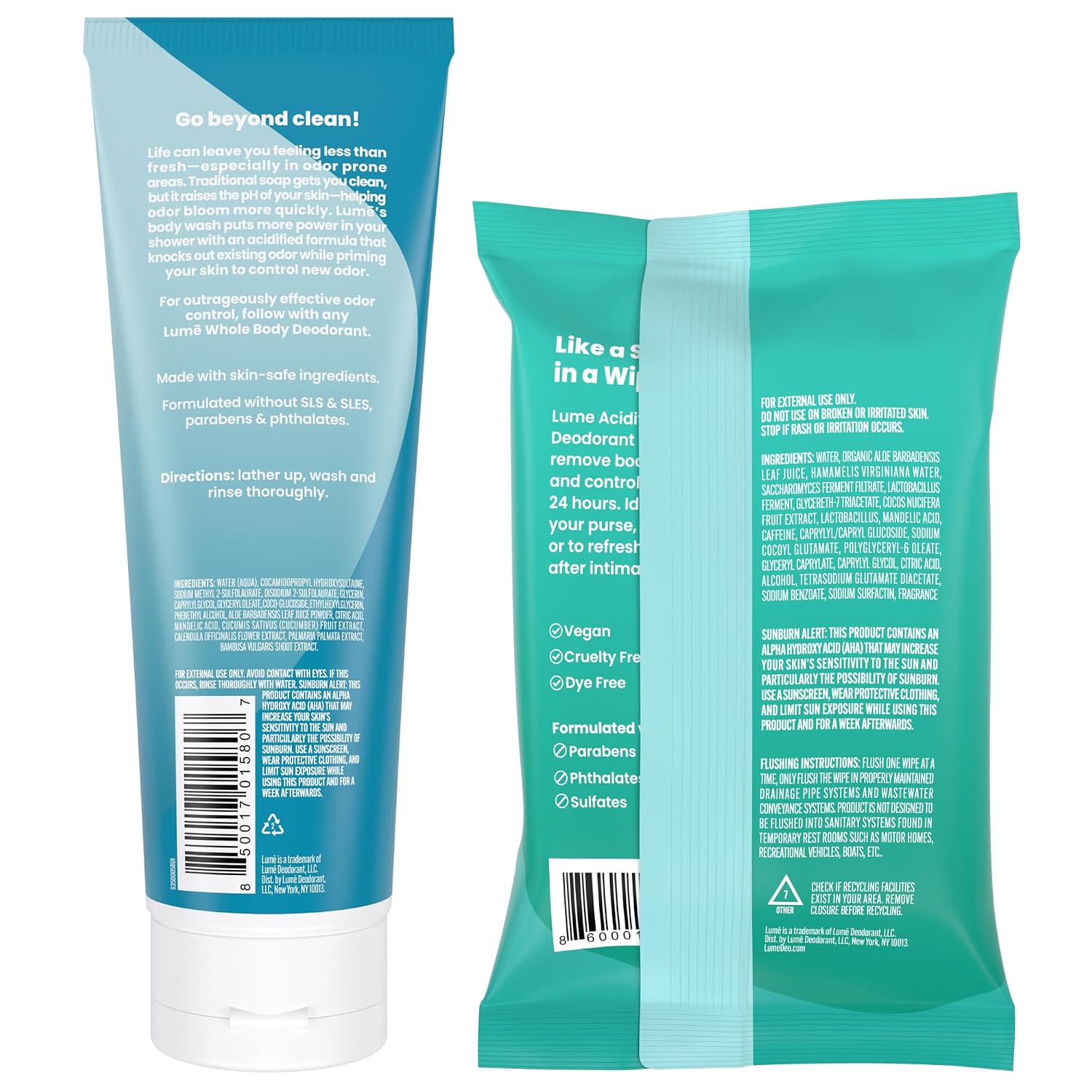Lume Acidified Body Wash & Flushable Deodorant Wipes - 24 Hour Odor Control - Hydrating Wash