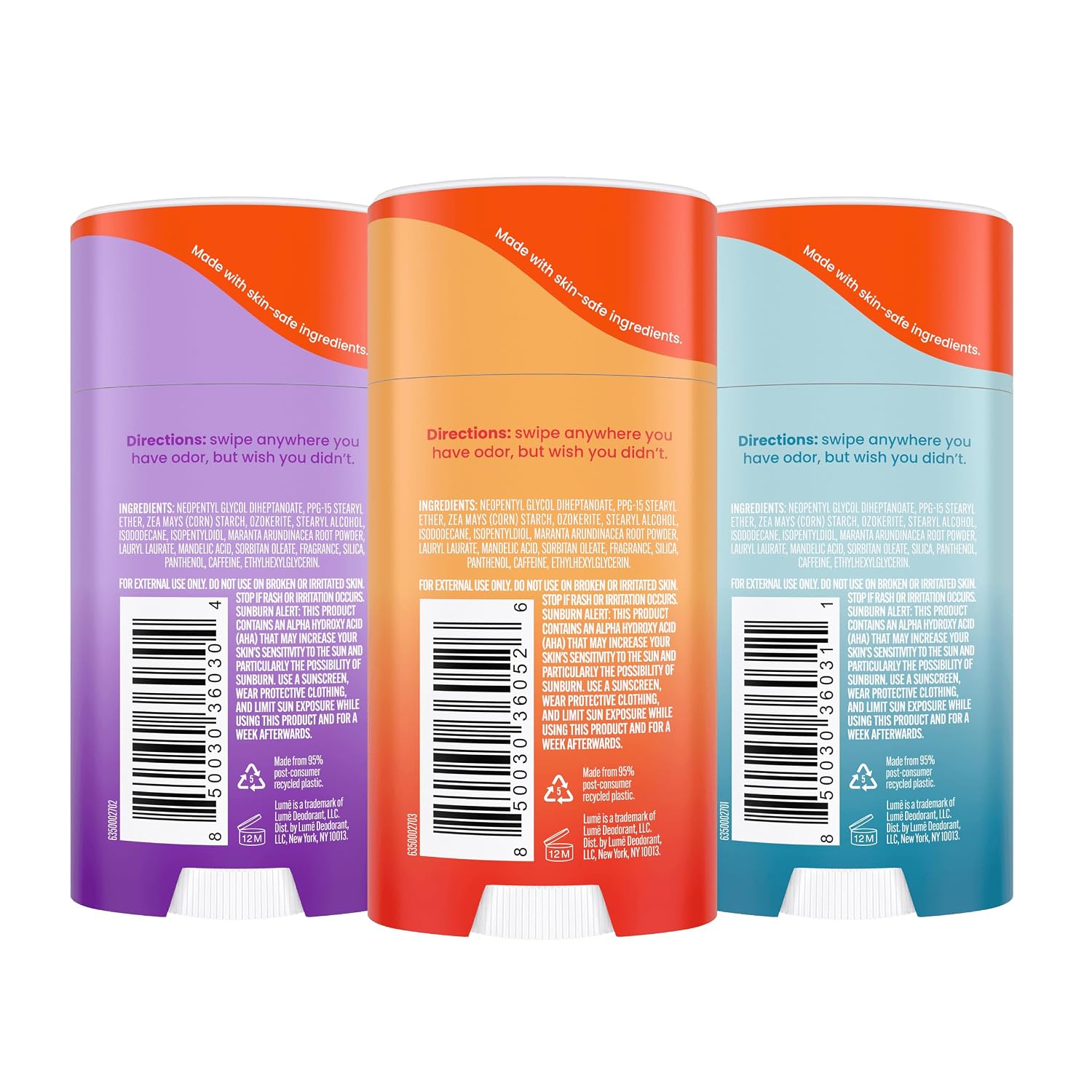 Lume Whole Body Deodorant - Smooth Solid Stick - 72 Hour Odor Control - Aluminum Free. Baking Soda Free and Skin Safe - 2.6 Ounce (Pack of 3) (Clean Tangerine. Lavender Sage. Unscented)