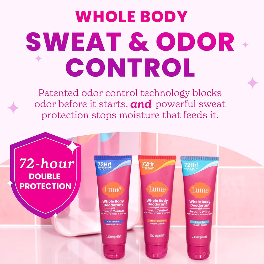 Lume Whole Body Deodorant Plus Sweat Control - Smooth Cream Tube - 72 Hour Odor And Sweat Control - Baking Soda Free. Skin Loving - 3.0 ounce (Pack of 2) (Unscented)