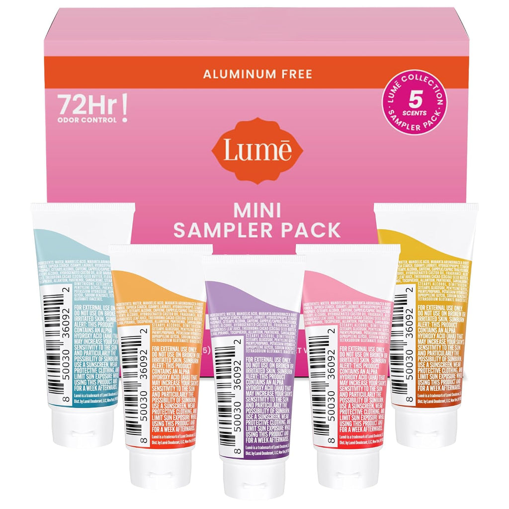 Lume Whole Body Deodorant 5 Pack Sampler - Invisible Cream Minis - 72 Hour Odor Control - Aluminum & Baking Soda Free (Clean Tangerine. Lavender Sage. Peony Rose. Toasted Coconut. Unscented)