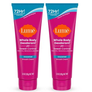 Lume Whole Body Deodorant Plus Sweat Control - Smooth Cream Tube - 72 Hour Odor And Sweat Control - Baking Soda Free. Skin Loving - 3.0 ounce (Pack of 2) (Unscented)