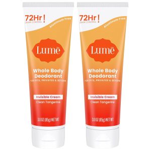 Lume Whole Body Deodorant - Invisible Cream Tube - 72 Hour Odor Control - Aluminum Free. Baking Soda Free. Skin Safe - 3.0 ounce (Pack of 2) (Clean Tangerine)