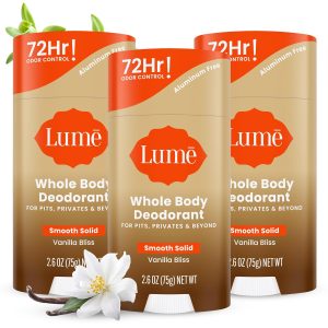 Lume Whole Body Deodorant - Smooth Solid Stick - 72 Hour Odor Control - Doctor Developed - Aluminum Free. Baking Soda Free and Skin Loving - 2.6 Ounce (Pack of 3) (Vanilla Bliss)
