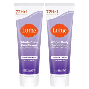 Lume Whole Body Deodorant - Invisible Cream Tube - 72 Hour Odor Control - Aluminum Free. Baking Soda Free. Skin Safe - 3.0 ounce (Pack of 2) (Soft Powder)