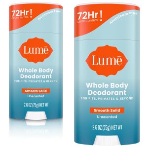 Lume Whole Body Deodorant - Smooth Solid Stick - 72 Hour Odor Control - Aluminum Free. Baking Soda Free and Skin Safe - 2.6 Ounce (Pack of 2) (Unscented)
