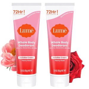 Lume Whole Body Deodorant - Invisible Cream Tube - 72 Hour Odor Control - Aluminum Free. Baking Soda Free. Skin Safe - 3.0 ounce (Pack of 2) (Peony Rose)