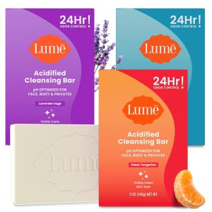 Lume Acidified Body Cleansing Bar - 24 Hour Odor Control - Removes Odor Better Than Soap - Moisturizing - No SLS or Parabens - OB/GYN Developed - 8.5 Ounce. 3 Pack (Tangerine. Lavender. & Unscented)