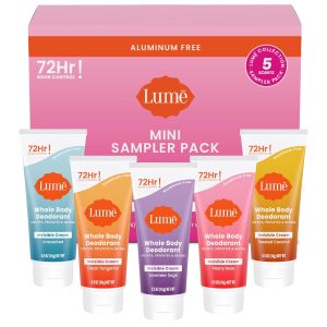 Lume Whole Body Deodorant 5 Pack Sampler - Invisible Cream Minis - 72 Hour Odor Control - Aluminum & Baking Soda Free (Clean Tangerine. Lavender Sage. Peony Rose. Toasted Coconut. Unscented)