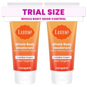 Lume Whole Body Deodorant - Mini Travel Size Invisible Cream Tube - Trial Size - 72 Hour Odor Control - Doctor Developed - Aluminum Free. Baking Soda Free - .5oz (Pack of 2) (Clean Tangerine)