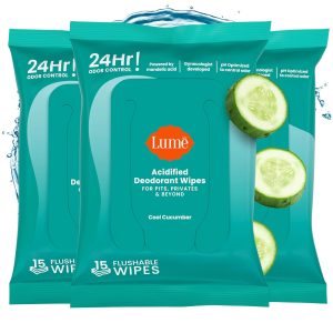 Lume Acidified Deodorant Wipes - 24 Hour Odor Control - Aluminum Free. Baking Soda Free. Skin Loving - 15 Count (Pack of 3) (Cool Cucumber)