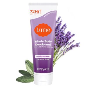 Lume Whole Body Deodorant - Invisible Cream Tube - 72 Hour Odor Control - Aluminum Free. Baking Soda Free. Skin Safe - 3.0 ounce (Lavender Sage)