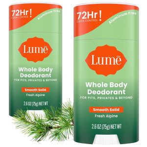 Lume Whole Body Deodorant - Smooth Solid Stick - 72 Hour Odor Control - Doctor Developed - Aluminum Free. Baking Soda Free and Skin Loving - 2.6 Ounce (Pack of 2) (Fresh Alpine)