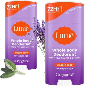 Lume Whole Body Deodorant - Smooth Solid Stick - 72 Hour Odor Control - Aluminum Free. Baking Soda Free and Skin Safe - 2.6 Ounce (Pack of 2) (Lavender Sage)
